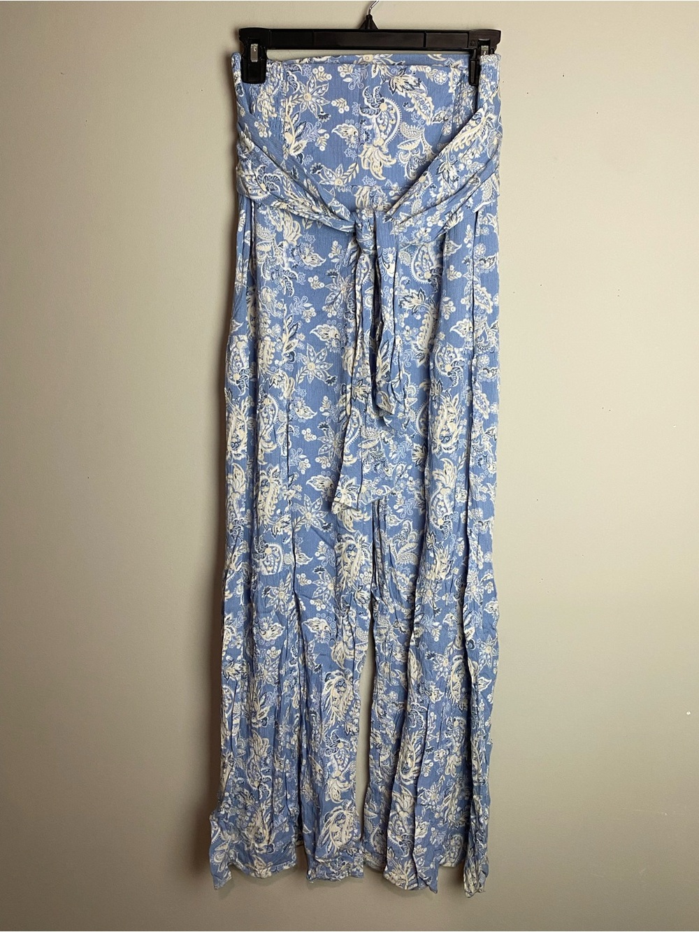 Rewash Blue and White Paisley Wide-Leg Pants with Tie Waist